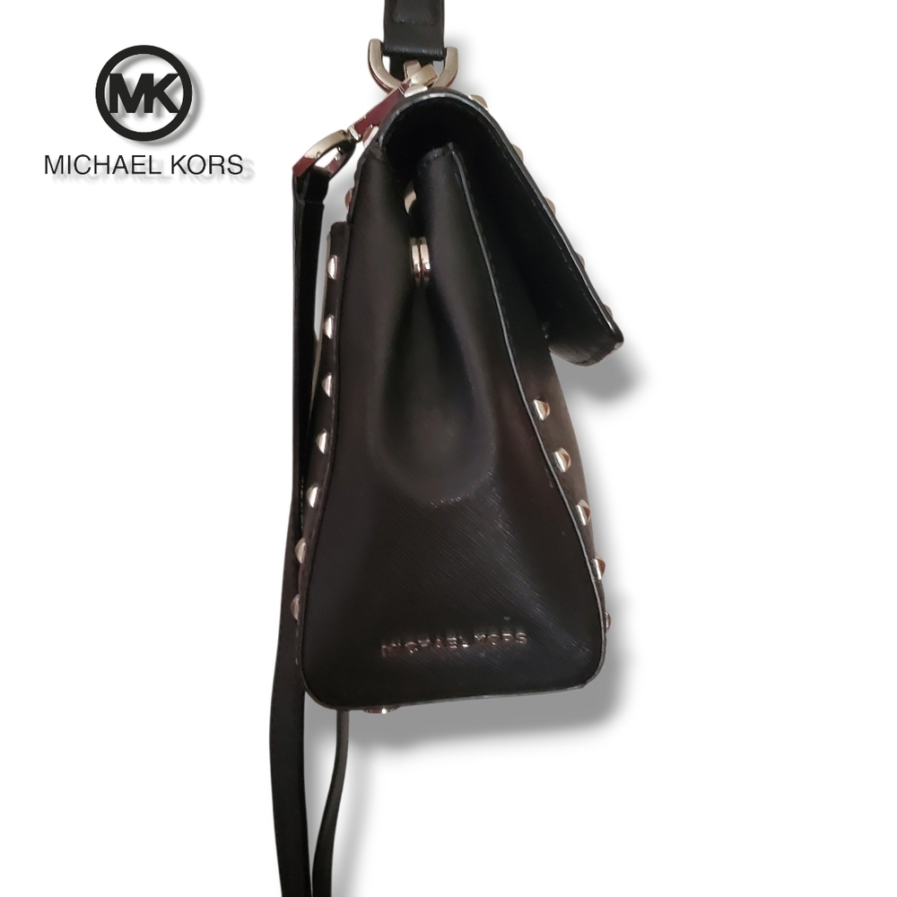 Michael KORS Black Saffiano Leather Top Handle Silver Studded Crossbody Satchel - Picture 5 of 17